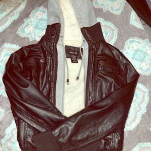 Black leather and soft gray hoodie combo